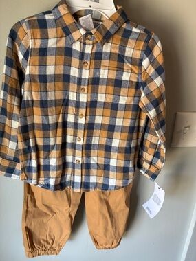 Original Penguin Boys Plaid Shirt and Tan Jogger Set - Navy, Mustard, White